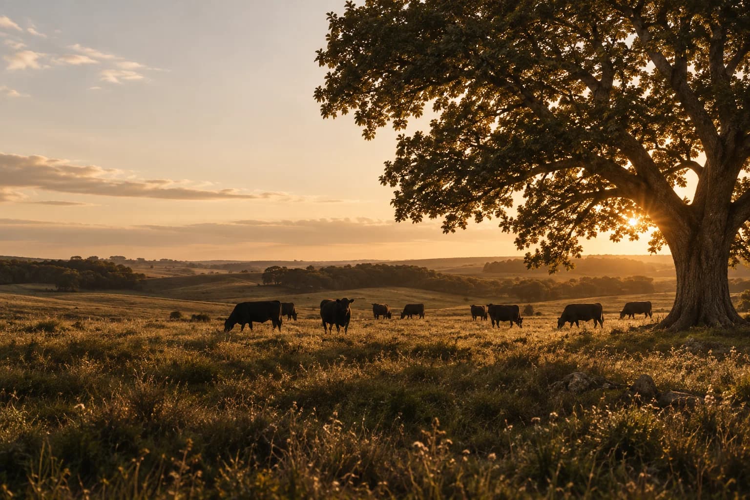 Ganado Angus al atardecer, bajo un árbol en el campo uruguayo